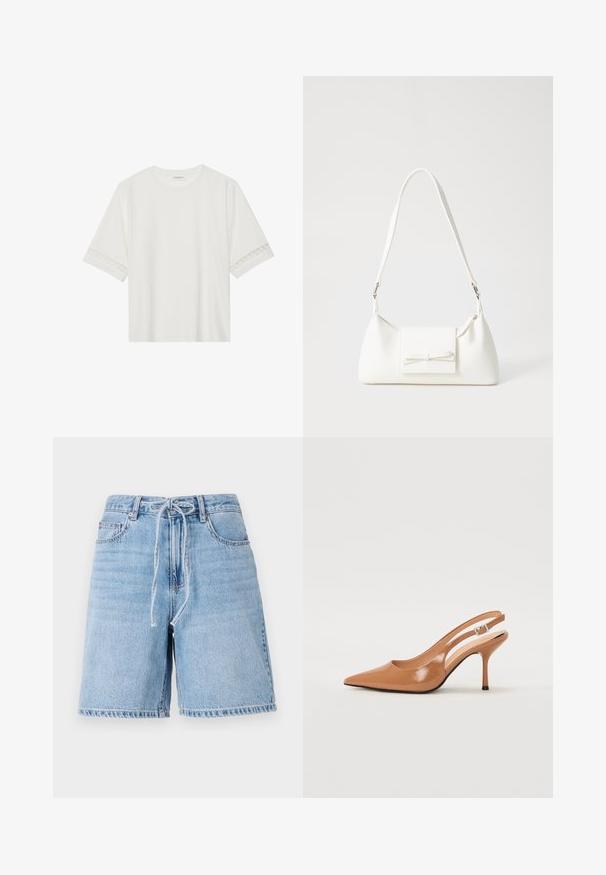 Balta īsām piedurknēm T-kreklu, izgatavotu no kokvilnas, ar dekoratīvu mežģīņu apdari ap piedurknēm un apaļu kakla izgriezumu.; Gaiši zili džinsu šorti ar augstu jostasvietu, priekšējām saites aizdarēm un sānu kabatām. Iezīmējās ar brīvu piegriezumu un saplīsušu apakšmalu.; Izteikts pirksta siksnas zābaks, izgatavots no gludas, spīdīgas brūnas materiāla. Piedāvā izliekta izgriezuma dizainu un smalku stiletto papēdi. Sudraba sprādze.; Balta sintētiska soma ar trīsstūrveida formu, plakanu priekšējo vāciņu un loku detaļu, regulējamu siksnu, gludu tekstūru un minimālistisku dizainu.