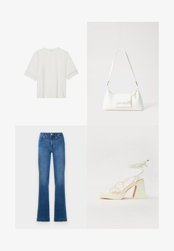 Weißes T-Shirt mit kurzen Ärmeln aus Baumwolle, mit dekorativem Spitzenbesatz entlang der Ärmel und einem runden Ausschnitt.; Blaue Boots-Cut-Jeans aus Denim, mit einem klassischen Fünf-Taschen-Design, einem vorderen Knopfverschluss und leicht ausgebleichten Stellen an den Oberschenkeln.; Weiße High-Heel-Sandale mit einem klobigen Absatz, die über ein Riemchendesign und ein Knöchelband verfügt. Glatte Textur mit einer Plattform vorne für zusätzliche Höhe.; Weiße synthetische Handtasche in dreieckiger Form, flache Vorderklappe und Schleifendetail, verstellbarer Trageriemen, glatte Textur und minimalistisches Design.
