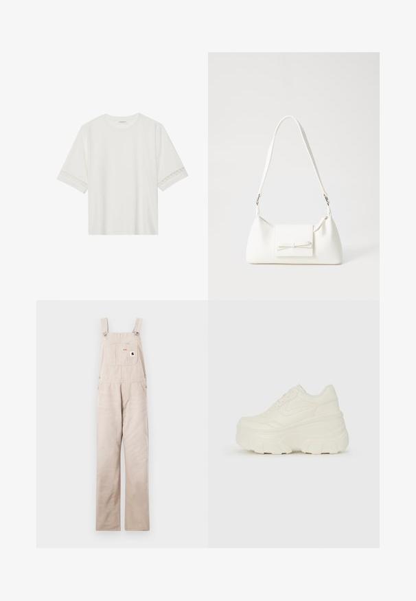 Valge lühikese varrukaga T-särk, mis on valmistatud puuvillast, kaunistatud pitsiga varrukate ääres ja ümmarguse kaelusega.; Beežid denim üleüldriided reguleeritavate rihmadega, ees tasku ja logo silt. Sirge jalgade disain, sile tekstuur ja ilma kaunistusteta.; Valged platvormi tõusukingad, millel on siledast nahast meenutav pealis, ümar kuju, pehmendatud kaelus ja tekstureeritud kummitald koos selgete hüdrofoobsete mustritega.; Valge sünteetilisest materjalist kott kolmnurkse kujuga, lame esiklapiga ja kaaredetailiga, reguleeritava rihmaga, sileda tekstuuriga ja minimalistliku disainiga.