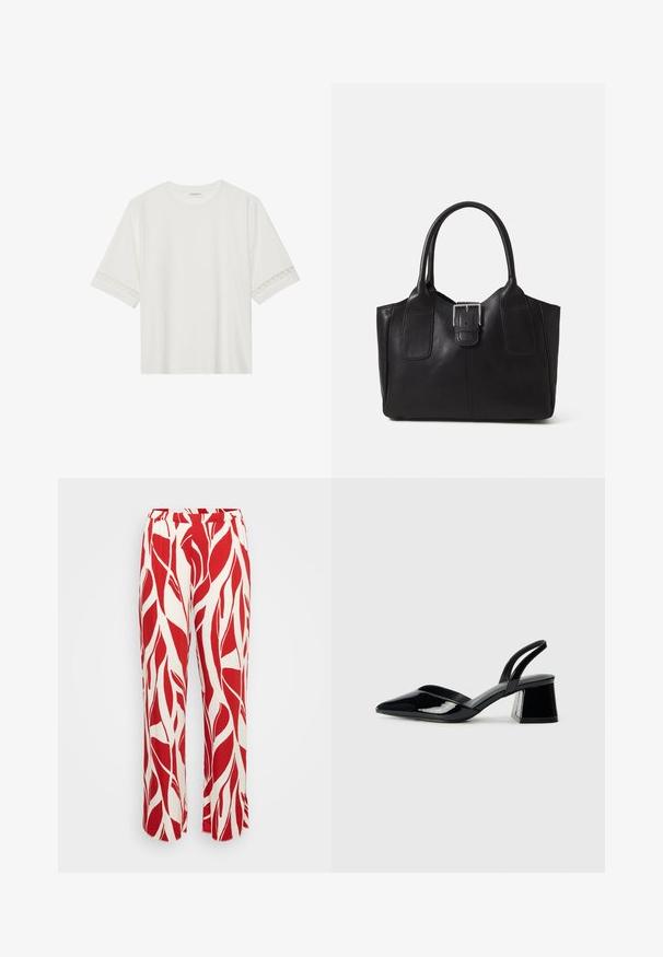 Balta īsām piedurknēm T-kreklu, izgatavotu no kokvilnas, ar dekoratīvu mežģīņu apdari ap piedurknēm un apaļu kakla izgriezumu.; Sarkana un balta rakstaina bikses ar lapu dizainu, ar platu kāju, elastīgu jostu un vieglu audumu.; Melna lakota āda ar atvērto papēdi, ar smailu purngalu un ģeometrisku blokpapēdi. Iezīmējas elegants, minimāls dizains un gluda tekstūra.; Melnas ādas somiņa ar gludu tekstūru, strukturētu formu, divām rokturām un izteiktu sudraba sprādzi priekšpusē.