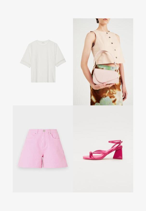 Bela kratka majica s kratkimi rokavi iz bombaža, okrašena z dekorativnim čipkastim robom ob rokavih in okroglo izrezom.; Rožnate in bele prugaste hlače s gumbom in zadrgo, ki imajo sprednje žepe in sproščen kroj. Bombažna tkanina, gladka tekstura.; Roza lakasta usnjena sandala na peto s kvadratnim prstom, ozkimi trakovi in geometrijsko blok peto. Ima značilen zaponko na traku.; Roza usnjena torbica s ukrivljenim poklopcem, enim naramnim trakom in čistimi linijami. Torbica se ponaša z gladko teksturo in minimalističnim dizajnom.