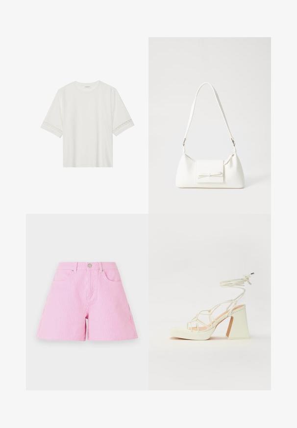Camiseta blanca de manga corta hecha de algodón, con un ribete decorativo de encaje en las mangas y un escote redondo.; Pantalones cortos a rayas rosas y blancas con cierre de botón y cremallera, que cuentan con bolsillos frontales y un corte relajado. Tejido de algodón, textura suave.; Sandalia de tacón alto blanca con un tacón grueso, que presenta un diseño de tiras y un lazo en el tobillo. Textura suave con una plataforma en la parte delantera para mayor altura.; Bolso sintético blanco con forma triangular, tapa frontal plana y detalle de lazo, correa ajustable, textura suave y diseño minimalista.