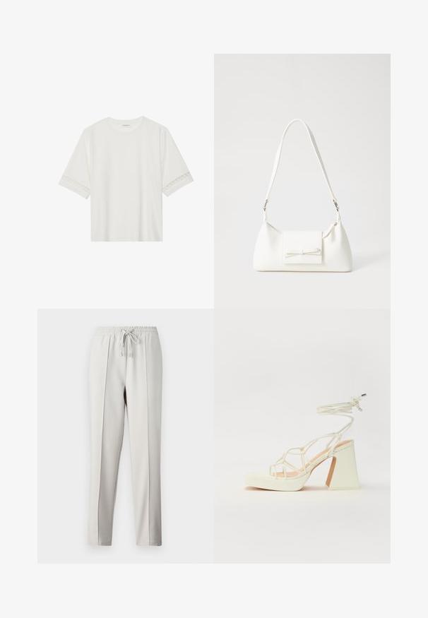 Bela kratka majica s kratkimi rokavi iz bombaža, okrašena z dekorativnim čipkastim robom ob rokavih in okroglo izrezom.; Svetlo sivi jopki s elastičnim pasom, vrvico in stranskimi šivi. Narejeni iz gladkega materiala za sproščen fit.; Bela sandala na visokih petah s debelim petam, ki ima obliko trakcev in vezanje okoli gležnja. Gladka tekstura z platformo spredaj za dodatno višino.; Bela sintetična torbica v obliki trikotnika, z ravnim sprednjim poklopcem in detajlom mašne, nastavljivim trakom, gladko teksturo in minimalističnim dizajnom.