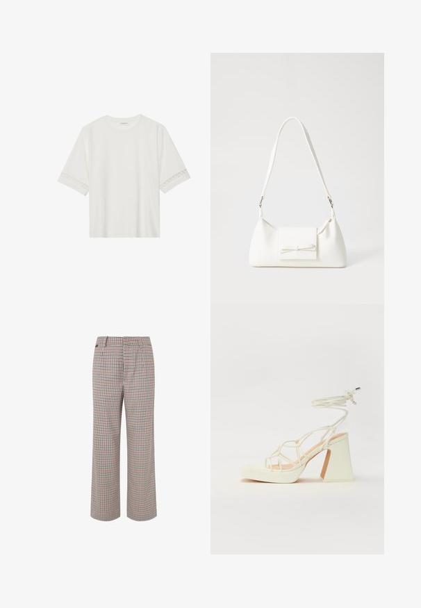 Valge lühikese varrukaga T-särk, mis on valmistatud puuvillast, kaunistatud pitsiga varrukate ääres ja ümmarguse kaelusega.; Beige, punane ja tumesinine kontrollmustriga püksid. Lai jalg, kohandatud talje ja voltidega, millel on tekstuuriga kangasviimistlus.; Valged kõrge kontsaga sandaalid, millel on paks konts ja rihmadega disain koos pahkluu sidumisega. Sile tekstuur ja platvorm ees, et lisada kõrgust.; Valge sünteetilisest materjalist kott kolmnurkse kujuga, lame esiklapiga ja kaaredetailiga, reguleeritava rihmaga, sileda tekstuuriga ja minimalistliku disainiga.