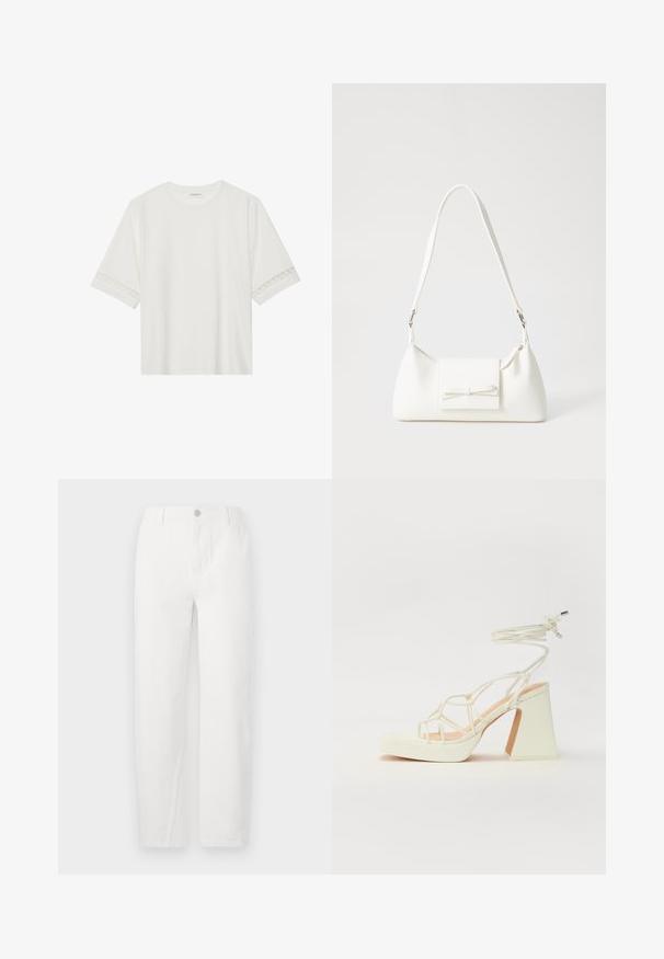 Tricou alb cu mânecă scurtă, confecționat din bumbac, cu dantelă decorativă pe marginea mânecilor și un guler rotund.; Jeans albe, cu croi drept, din denim, având închidere cu nasture, două buzunare frontale și cusături curate. Design simplu, fără modele vizibile.; Sandale albe cu toc înalt și gros, cu un design cu curele și legătură la gleznă. Textură netedă, cu o platformă frontală pentru înălțime suplimentară.; Geantă sintetică albă, cu formă triangulară, capac frontal plat și detaliu cu fundă, curea ajustabilă, textură netedă și design minimalist.