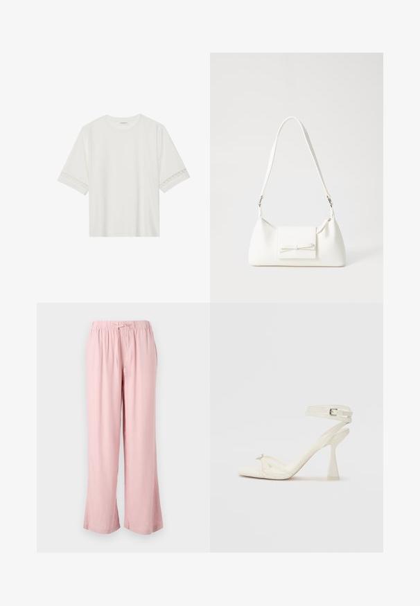 T-shirt blanc à manches courtes en coton, avec des bordures en dentelle décoratives le long des manches et un col rond.; Pantalon large rose clair en tissu doux, avec une taille élastique dotée d'un cordon de serrage. Le design a une coupe décontractée et des jambes droites.; Sandale à talons hauts à brides en cuir blanc avec un design épuré, un talon bloc transparent et un élément décoratif au niveau des orteils.; Sac à main synthétique blanc en forme triangulaire, avec un rabat avant plat et un détail en nœud, une bandoulière ajustable, une texture lisse et un design minimaliste.