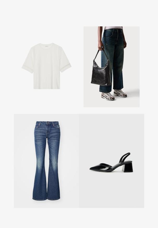 White short-sleeve t-shirt made from cotton, featuring decorative lace trim along the sleeves and a round neckline.; Flared blue jeans made of denim with a light wash effect, featuring classic pockets and a single button closure.; Black patent leather slingback heels with a pointed toe and a geometric block heel. Features a sleek, minimal design and smooth texture.; Black leather shoulder bag with a smooth texture and adjustable strap, paired with faded wide-leg jeans and athletic sneakers.