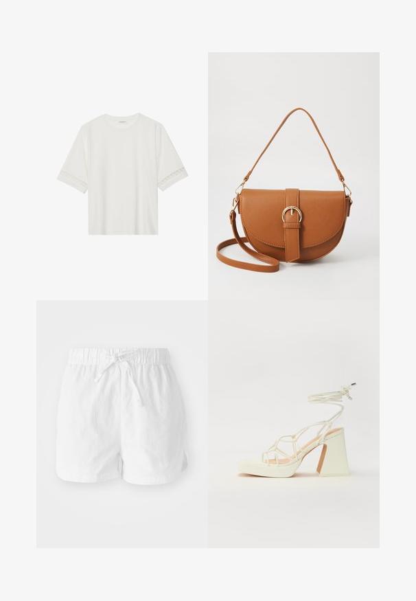 Witte korte mouwen t-shirt van katoen, met een decoratieve kantafwerking langs de mouwen en een ronde halslijn.; Witte katoenen shorts met een elastische tailleband en verstelbaar trekkoord. Voorzien van zijsplitten voor mobiliteit en een comfortabele pasvorm.; Witte hoge hakken sandaal met een chunky hak, met een bandjesontwerp en enkelband. Gladde textuur met een plateau voor extra hoogte.; Bruine leren schoudertas met een gebogen vorm, gouden hardware en een gespaccent. Bevat een afneembare schouderriem.