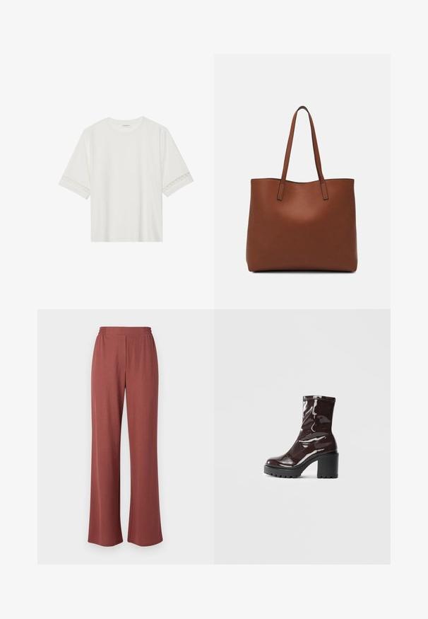 Bela kratka majica s kratkimi rokavi iz bombaža, okrašena z dekorativnim čipkastim robom ob rokavih in okroglo izrezom.; Široke hlače iz rdeče-rjave tkanine. Imajo elastičen pas in gladko teksturo. Brez vidnih vzorcev ali dodatkov.; Sijajan škrlatank z bleščečim videzom, z masivnim črnim peto, ki se ponaša z gladko teksturo in preprostim dizajnom. Brez vidnih zapenjal ali vzorcev.; Rjava usnjena torba z gladko teksturo, odprto zasnovo zgoraj in dvema naramnima trakovoma. Opremljena je z minimalnim šivanjem in brez vidnih kovinskih delov.