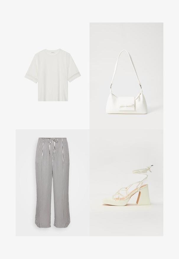 Bjela majica kratkih rukava od pamuka, s dekorativnom čipkastom obrubom duž rukava i okruglim izrezom.; Skinny hlače s elastičnim pojasom na vezanje, ukrašene vertikalnim mornarskoplavim i bijelim prugama, prikazane na jednostavnoj bijeloj pozadini.; Bijela sandala na visokoj potpetici s debelim petom, s remenom i vezanjem oko gležnja. Glatka tekstura s platformom sprijeda za dodatnu visinu.; Bijela sintetička torbica s trokutastim oblikom, ravnim prednjim poklopcem i detaljem u obliku mašne, podesivom remenom, glatkom teksturom i minimalističkim dizajnom.