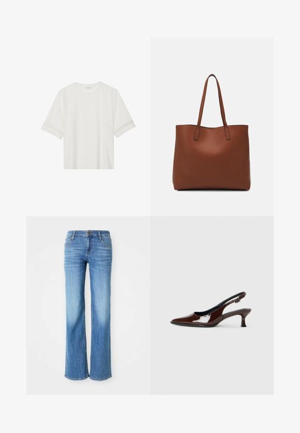 Balta trumpomis rankovėmis marškinėliai, pagaminti iš medvilnės, su dekoratyviais nėriniais aplink rankoves ir apvaliu kaklu.; Šviesiai mėlyni džinsai, pasižymintys tiesiomis kojomis, penkiais kišenėmis ir klasikiniu sagčių uždarymu su prekės ženklo etikete ant juosmens.; Rudos lakuoti odiniai slingback batai su smailiu pirštu ir vidutinio aukščio kulnu. Yra sagties dirželis, užtikrinantis tvirtą prigludimą. Lygus paviršius.; Ruda odinė priekabų krepšys su glotnia tekstūra, atviru viršumi ir dviem petnešomis. Su minimalia siuvimo detalėmis ir nematoma aparatūra.