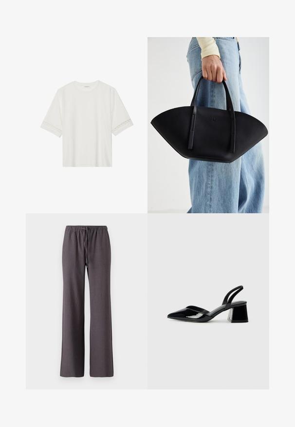 Balta īsām piedurknēm T-kreklu, izgatavotu no kokvilnas, ar dekoratīvu mežģīņu apdari ap piedurknēm un apaļu kakla izgriezumu.; Tumši pelēki taisni bikses ar elastīgu jostasvietu un priekšējo auklu, izliktas uz baltas fona.; Melna lakota āda ar atvērto papēdi, ar smailu purngalu un ģeometrisku blokpapēdi. Iezīmējas elegants, minimāls dizains un gluda tekstūra.; Melnas ādas rokassoma ar unikālu ventilatora formu, aprīkota ar plakaniem rokturiem. Virsma ir ar graudainu faktūru un minimālistisku dizainu.