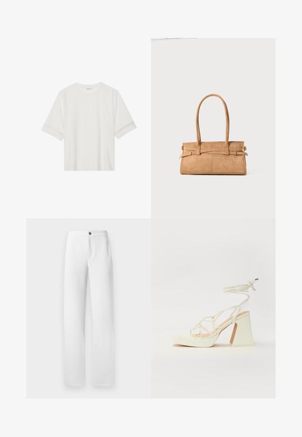 T-shirt branco de manga curta feito de algodão, com bainha de renda decorativa nas mangas e decote redondo.; Calças brancas feitas de um tecido suave, apresentando um design de perna reta, um fecho de botão único e bolsos laterais. Acabamento simples e limpo.; Sandálias brancas de salto alto com um salto robusto, apresentando um design com tiras e amarração no tornozelo. Textura suave com uma plataforma na frente para altura adicional.; Bolsa de camurça bege com duas alças longas, de formato retangular e costura decorativa. Apresenta uma correia lateral e discretos acabamentos em ouro.