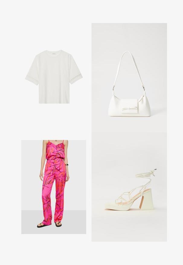 Witte korte mouwen t-shirt van katoen, met een decoratieve kantafwerking langs de mouwen en een ronde halslijn.; Roze satijnen camisole en bijpassende broek met een levendig bloemmotief in oranje en blauw, met een ontspannen pasvorm en hoge taille.; Witte hoge hakken sandaal met een chunky hak, met een bandjesontwerp en enkelband. Gladde textuur met een plateau voor extra hoogte.; Witte synthetische handtas met een driehoekige vorm, platte voorklep en strikdetail, verstelbare schouderriem, gladde textuur en minimalistisch ontwerp.