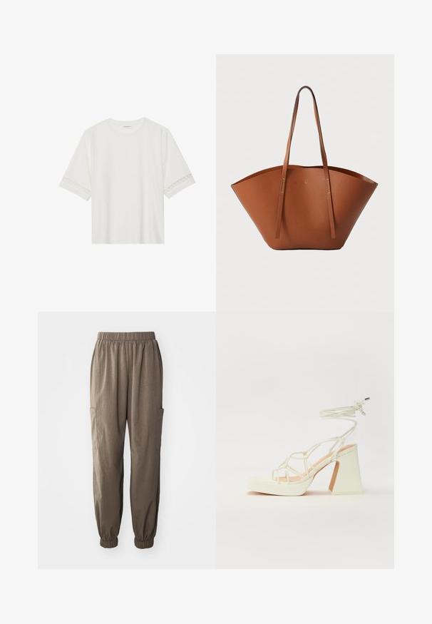 Tricou alb cu mânecă scurtă, confecționat din bumbac, cu dantelă decorativă pe marginea mânecilor și un guler rotund.; Pantaloni cargo lejeri din țesătură maro, cu talie elastică, manșete strânse și buzunare laterale pentru funcționalitate.; Sandale albe cu toc înalt și gros, cu un design cu curele și legătură la gleznă. Textură netedă, cu o platformă frontală pentru înălțime suplimentară.; Geantă tote din piele maro, cu o formă largă și bine structurată, mânere subțiri și un finisaj texturat. Prezintă un design minimalist, fără hardware vizibil.