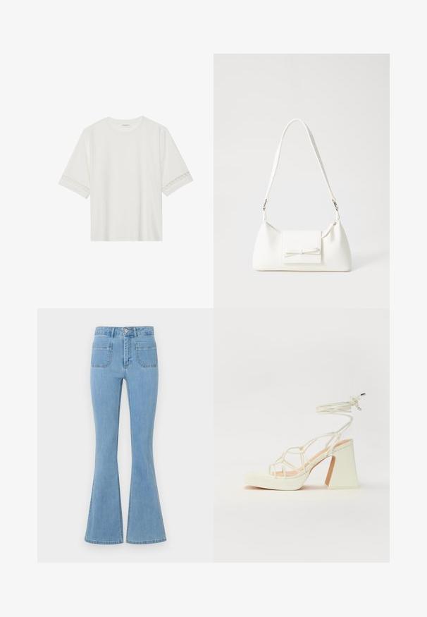 Hvit t-skjorte med kort erme laget av bomull, med dekorativ blondekant langs ermene og en rund halslinning.; Lyseblå vide jeans med høy midje, fem lommer og en glatt denim tekstur med sydd detaljer langs sømmene.; Hvit høyhælte sandal med kraftig hæl, med en stroppe-design og ankelbånd. Glatt tekstur med plattform foran for ekstra høyde.; Hvit syntetisk håndveske med trekantet form, flat klaff foran og sløyfe detaljer, justerbar stropp, glatt tekstur og minimalistisk design.