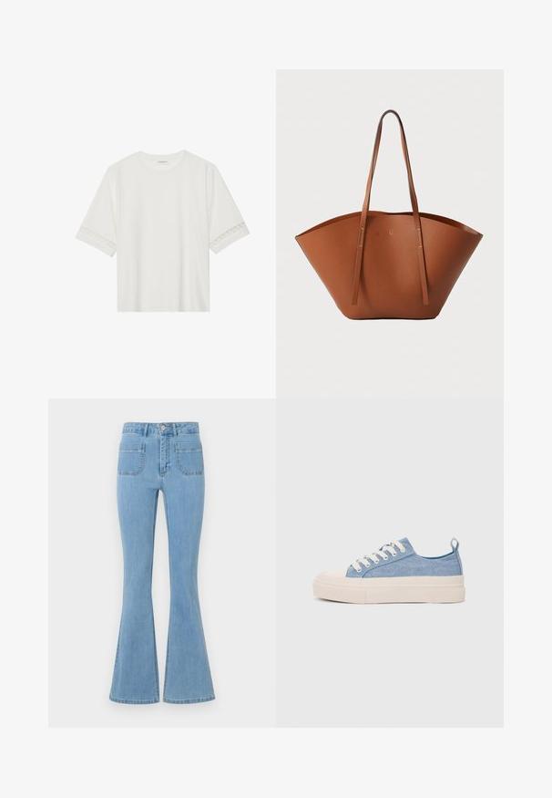 Balta trumpomis rankovėmis marškinėliai, pagaminti iš medvilnės, su dekoratyviais nėriniais aplink rankoves ir apvaliu kaklu.; Šviesiai mėlynos plačios džinsinės kelnės su aukštu liemeniu, penkiomis kišenėmis ir lygaus džinsinio audinio tekstūra su siuvinėtais detalėmis palei siūles.; Šviesiai mėlyni drobės sportbačiai su kreminiu guminiu pirštų apsaugos ir pado elementu, balti raišteliai ir kilpa ant kulno.; Ruda odinė rankinė su plačia, struktūrizuota forma, plonomis rankenomis ir tekstūruotu paviršiu. Pasižymi minimalistišku dizainu be matomų detalių.