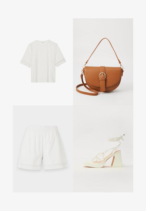T-shirt blanc à manches courtes en coton, avec des bordures en dentelle décoratives le long des manches et un col rond.; Shorts en lin blanc avec une taille élastique, coupe décontractée et bord en dentelle décoratif à l'ourlet. Texture lisse et design décontracté.; Sandale blanche à talons hauts avec un talon épais, présentant un design à lanières et un lien autour de la cheville. Texture lisse avec une plateforme à l'avant pour une hauteur supplémentaire.; Sac bandoulière en cuir marron avec une forme incurvée, quincaillerie dorée et un accent en boucle. Comprend une bandoulière détachable.