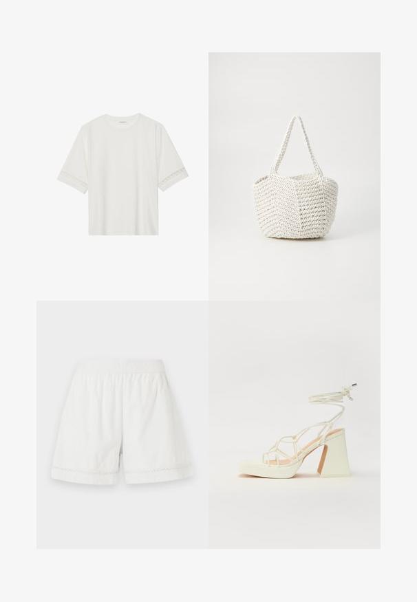 Valkoinen lyhythihainen t-paita, joka on valmistettu puuvillasta ja jossa on koristeellinen pitsireunus hihojen ympärillä sekä pyöreä pääntie.; Valkoiset pellavashortsit, joissa on joustava vyötärö, rento leikkaus ja koristeellinen pitsireunus helmoissa. Sujuva tekstuuri ja rento muotoilu.; Valkoinen korkokenkä, jossa on paksu korko, ja joka sisältää nauhakiinnityksen ja nilkkaketjun. Sujuva pinta, jossa on platform-etupohja lisäkorkeutta varten.; Kudottu valkoinen käsilaukku, jossa on teksturoitu pinta, kahdella kahvalla ja jämäkällä muodolla, sopii arkikäyttöön.