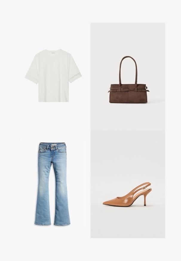 Fehér, rövid ujjas póló, pamutból készült, díszes csipkés szegéllyel az ujjak mentén és kerek nyakkivágással.; Világoskék trapéz nadrág, denim anyagból, gombos záródással, öt zsebes kialakítással és enyhe kopásnyomokkal, ami használt hatást kölcsönöz.; Fingerszűk, hegyes orrú, háttámlás sarokcipő sima, fényes barnás anyagból. Íves kivágású dizájn és karcsú stiletto sarkú. Ezüst csattal ellátva.; Barna velúr kézitáska két erős füllel, téglalap alakú, és dekoratív pánt részlet a fronton.