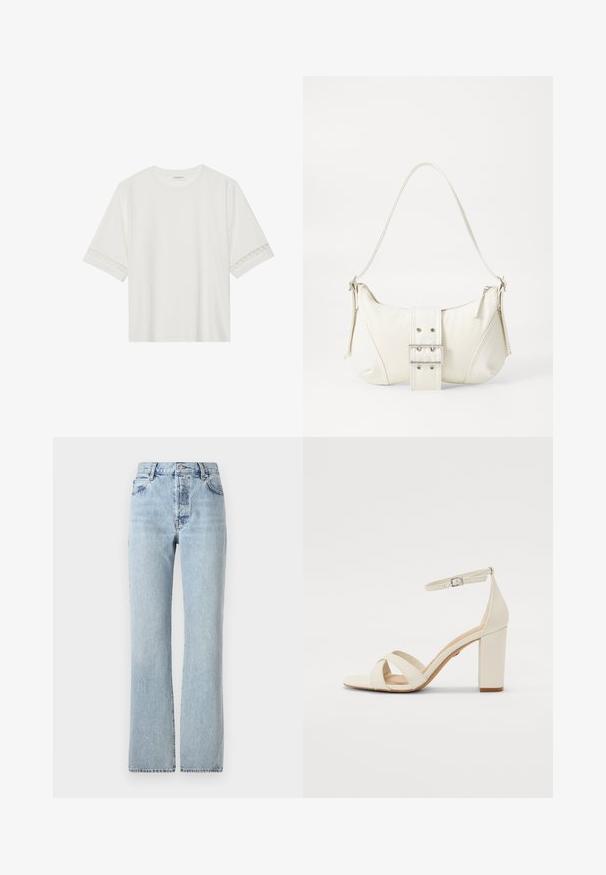 Camiseta blanca de manga corta hecha de algodón, con un ribete decorativo de encaje en las mangas y un escote redondo.; Jeans de mezclilla azul claro con cintura alta, patas rectas, diseño clásico de cinco bolsillos y un sutil desgaste en todo su alrededor.; Sandalia de tacón color crema con punta cuadrada, correas entrecruzadas, correa en el tobillo con hebilla y un tacón grueso. Textura de cuero suave.; Bolso de hombro blanco con un acabado texturizado, un detalle de hebilla central y una forma curva. Cierres de cremallera a ambos lados.