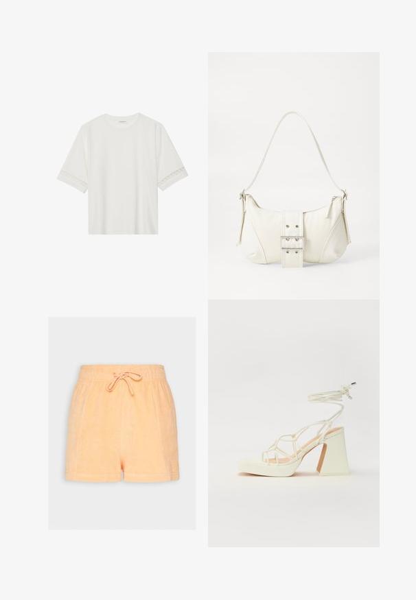 Biele tričko s krátkym rukávom vyrobené z bavlny, s dekoratívnym čipkovým lemovaním pozdĺž rukávov a okrúhlym výstrihom.; Krémové šortky z froté látky s elastickým pásom a šnúrkou. Majú jemnú textúru a voľný strih.; Biele sandále na vysokom opätku s hrubým podpätkom, s pruhovaným dizajnom a viazaním na členku. Hladký povrch s platformou vpredu pre zvýšenú výšku.; Biela taška cez rameno s textúrovaným povrchom, centrálnou prackou a zakriveným tvarom. Zipsy na oboch stranách.