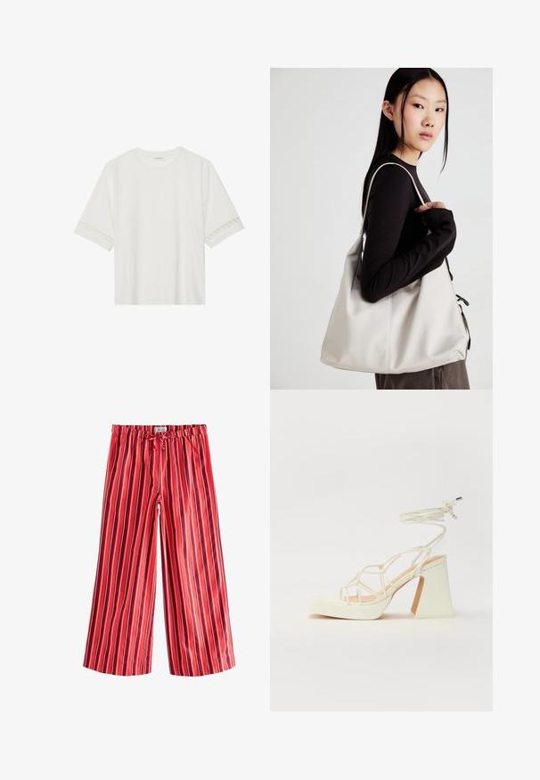 Weißes T-Shirt mit kurzen Ärmeln aus Baumwolle, mit dekorativem Spitzenbesatz entlang der Ärmel und einem runden Ausschnitt.; Next ON STRIPE WIDE LEG - Stoffhose - red; Weiße High-Heel-Sandale mit einem klobigen Absatz, die über ein Riemchendesign und ein Knöchelband verfügt. Glatte Textur mit einer Plattform vorne für zusätzliche Höhe.; Beige Handtasche aus weichem Material, mit einem lässigen Design, gesteppten Details und zwei Schulterriemen. Geeignet für den täglichen Gebrauch.