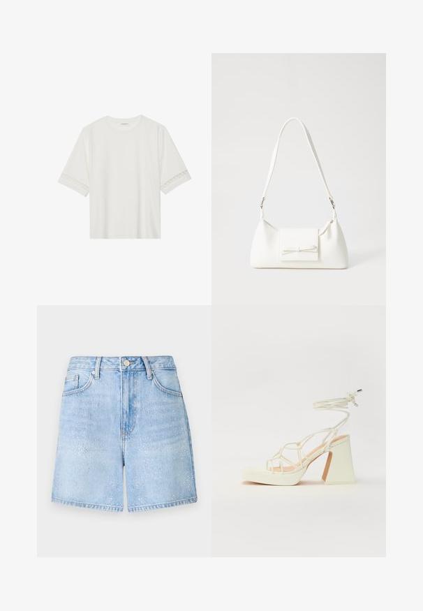 Camiseta blanca de manga corta hecha de algodón, con un ribete decorativo de encaje en las mangas y un escote redondo.; Pantalones cortos de mezclilla en azul claro con un ajuste relajado, que presentan detalles brillantes y un diseño clásico de cinco bolsillos. El dobladillo es sin rematar y ligeramente deshilachado.; Sandalia de tacón alto blanca con un tacón grueso, que presenta un diseño de tiras y un lazo en el tobillo. Textura suave con una plataforma en la parte delantera para mayor altura.; Bolso sintético blanco con forma triangular, tapa frontal plana y detalle de lazo, correa ajustable, textura suave y diseño minimalista.