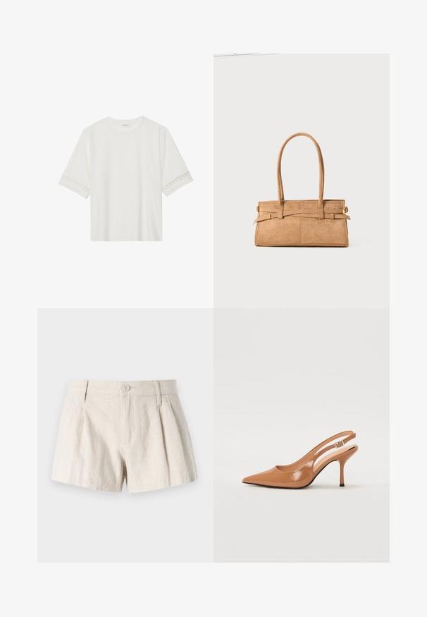 Balta īsām piedurknēm T-kreklu, izgatavotu no kokvilnas, ar dekoratīvu mežģīņu apdari ap piedurknēm un apaļu kakla izgriezumu.; Linen šorti gaiši bēšā krāsā ar krokotu dizainu, priekšējo pogu aizdari un gludu, teksturētu apdari.; Izteikts pirksta siksnas zābaks, izgatavots no gludas, spīdīgas brūnas materiāla. Piedāvā izliekta izgriezuma dizainu un smalku stiletto papēdi. Sudraba sprādze.; Salds zamšs rokassomu ar divām garām rokturiem, taisnstūra formā un dekoratīvām šuvēm. Iespējo sānu siksniņu un smalkus zelta aksesuārus.