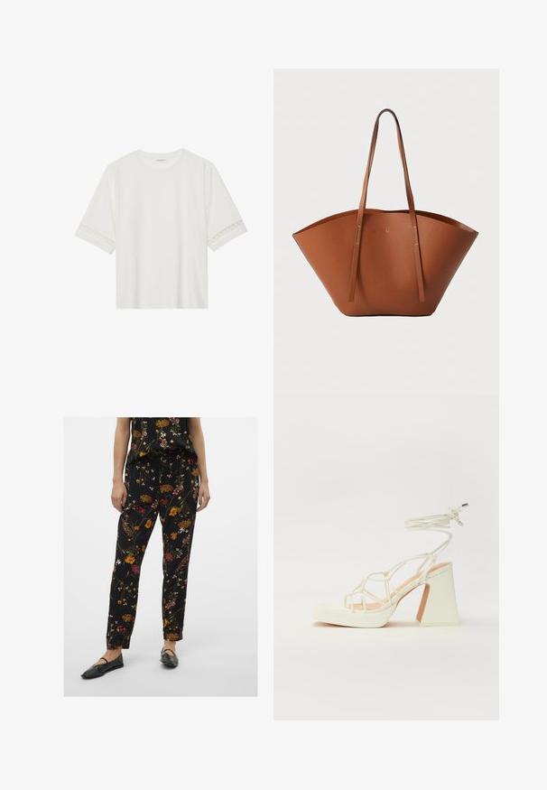 Bela kratka majica s kratkimi rokavi iz bombaža, okrašena z dekorativnim čipkastim robom ob rokavih in okroglo izrezom.; Črne cvetlične hlače z sproščenim krojem, ki imajo večbarvne cvetlične vzorce, pas na vrvico in stranske žepke. V kombinaciji z elegantnimi črnimi balerinkami.; Bela sandala na visokih petah s debelim petam, ki ima obliko trakcev in vezanje okoli gležnja. Gladka tekstura z platformo spredaj za dodatno višino.; Rjava usnjena torba tote z široko, strukturirano obliko, tankimi ročaji in teksturirano površino. Opremljena je z minimalističnim oblikovanjem brez vidne opreme.