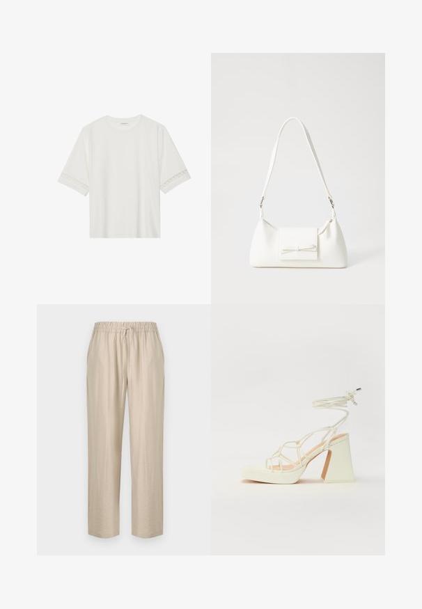 T-shirt branco de manga curta feito de algodão, com bainha de renda decorativa nas mangas e decote redondo.; Calças leves beje com um cós elástico e cordão ajustável. Design de perna reta com uma textura suave.; Sandálias brancas de salto alto com um salto robusto, apresentando um design com tiras e amarração no tornozelo. Textura suave com uma plataforma na frente para altura adicional.; Mala sintética branca com formato triangular, aba frontal plana e detalhe de laço, alça ajustável, textura suave e design minimalista.