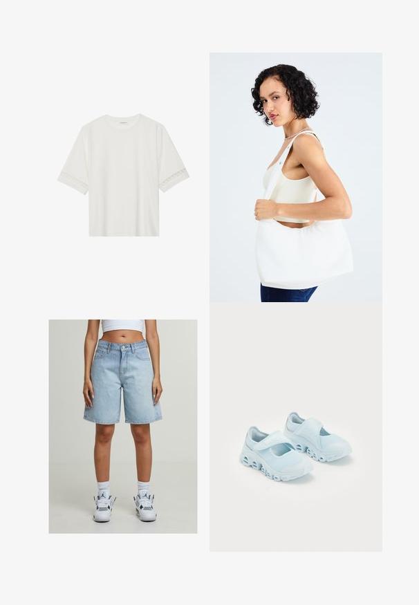 Valkoinen lyhythihainen t-paita, joka on valmistettu puuvillasta ja jossa on koristeellinen pitsireunus hihojen ympärillä sekä pyöreä pääntie.; Vaaleansiniset farkkushortsit, joissa on rento istuvuus. Niissä on viisi taskua, nappikiinnitys ja helma, joka loppuu juuri polvien ylle.; Vaaleansiniset lenkkarit, joissa on verkkokangasta, erottuvat leikkaukset pohjassa, ja tarranauha päällä turvallista istuvuutta varten.; Valkoinen olkalaukku, joka on valmistettu sileästä materiaalista, ja siinä on soikioaukko sekä leveä olkaremmi. Yksinkertainen ja moderni, ilman näkyvää metalliosaa.