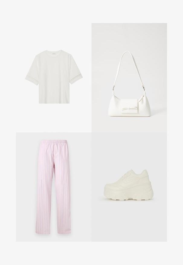 Witte korte mouwen t-shirt van katoen, met een decoratieve kantafwerking langs de mouwen en een ronde halslijn.; Lichtroze broek met verticale blauwe strepen, gemaakt van een gladde stof, met een elastische tailleband en een wijd broekdesign.; Witte platform sneakers met een gladde leren bovenkant, afgeronde vorm, gewatteerde kraag en een gestructureerde rubberen zool met duidelijke profiel.; Witte synthetische handtas met een driehoekige vorm, platte voorklep en strikdetail, verstelbare schouderriem, gladde textuur en minimalistisch ontwerp.