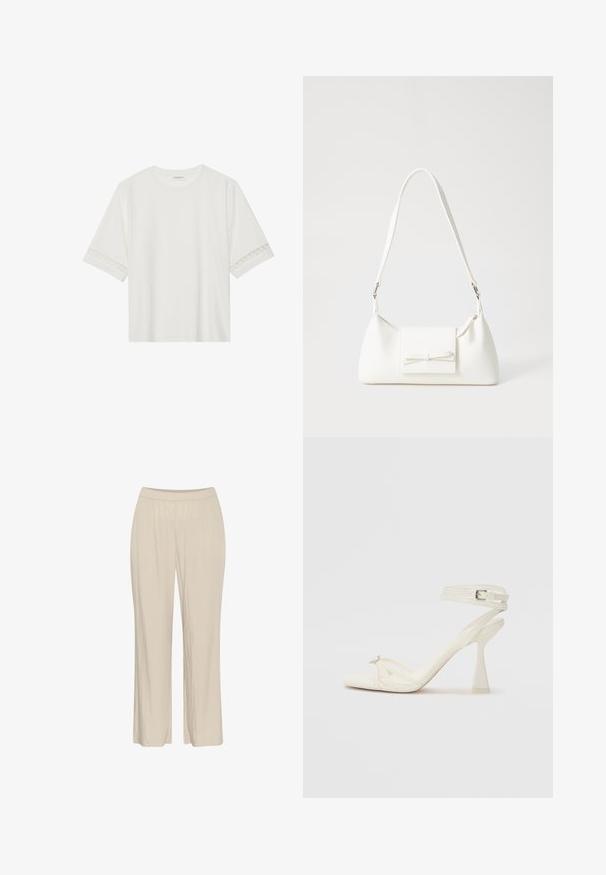 White short-sleeve t-shirt made from cotton, featuring decorative lace trim along the sleeves and a round neckline.; Beige, lightweight, wide-leg pants made from a textured fabric with an elastic waistband and no visible fastenings.; Strappy high-heeled sandal in white leather with a sleek design, a transparent block heel, and a decorative element at the toe.; White synthetic handbag with a triangular shape, flat front flap and bow detail, adjustable strap, smooth texture, and minimalistic design.