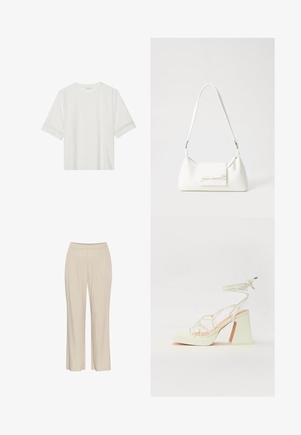 Bílé tričko s krátkým rukávem vyrobené z bavlny, s dekorativní krajkovou aplikací na rukávech a kulatým výstřihem.; Béžové, lehké kalhoty širokého střihu vyrobené z texturované látky s elastickým pasem a bez viditelných zapínání.; Bílé sandály na vysokém podpatku s robustním podpatkem, s designem s pásky a zavazováním kolem kotníku. Hladký povrch s platformou vpředu pro zvýšení výšky.; Bílá syntetická kabelka v trojúhelníkovém tvaru, s plochým předním klopným víkem a detailem mašle, nastavitelným popruhem, hladkým povrchem a minimalistickým designem.