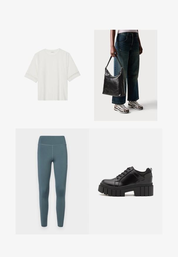 Hvit t-skjorte med kort erme laget av bomull, med dekorativ blondekant langs ermene og en rund halslinning.; 7 DAYS Active SIGNATURE TIGHTS - Leggings - stormy weather; Svarte lærplattformsko med kraftig blokkhell, rund tå og tradisjonell snøring. Har en jevn tekstur og minimal detaljering.; Sort skinnveske med en glatt tekstur og justerbar stropp, kombinert med falmede vide jeans og atletiske sneakers.