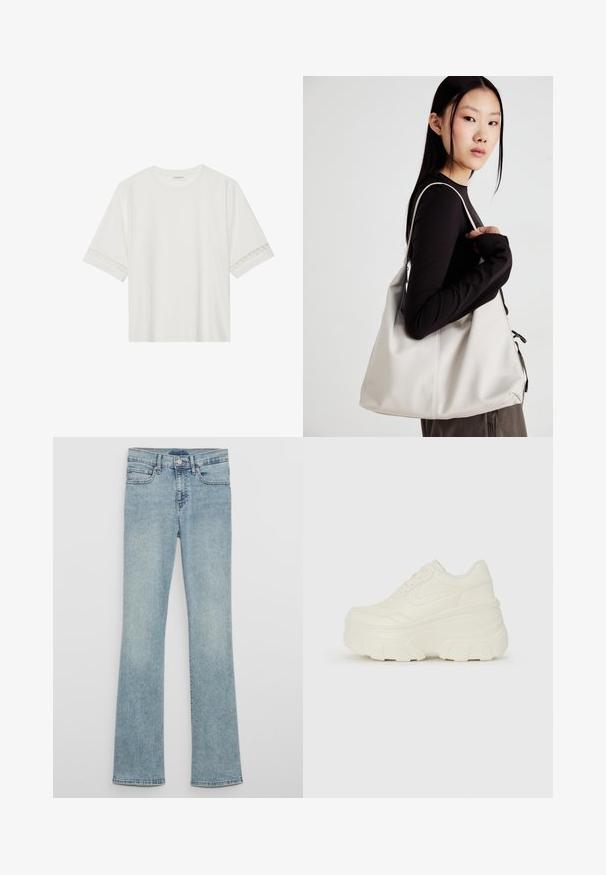 Balta īsām piedurknēm T-kreklu, izgatavotu no kokvilnas, ar dekoratīvu mežģīņu apdari ap piedurknēm un apaļu kakla izgriezumu.; Gaisā zilas džinsa bikses ar izplatītām kājām un augstu vidukli, ar jostas cilpām, priekšējiem kabatām un izbalinātu mazgājuma faktūru.; Baltie platformas sporta apavi, kas izgatavoti no gludas mākslīgās ādas, ar noapaļotu formu, mīkstu apkakli un teksturētu gumijas zoli ar izteiktiem rakstiem.; Bežs rokassoma, izgatavota no mīksta materiāla, ar brīvu dizainu, izšūtu apdari un divām plecu siksnām. Piemērota ikdienas lietošanai.