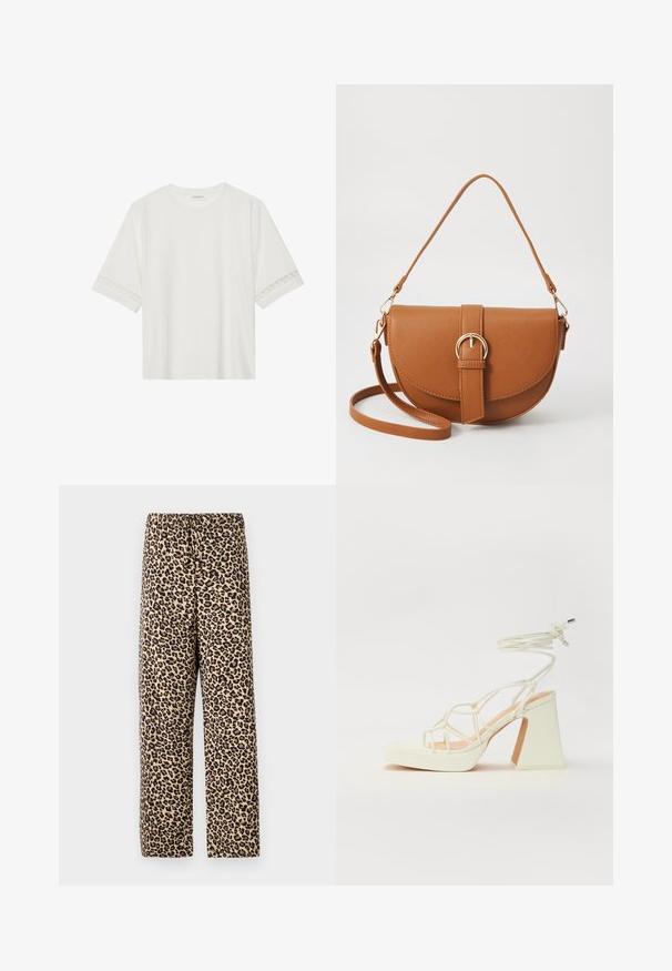 Camiseta blanca de manga corta hecha de algodón, con un ribete decorativo de encaje en las mangas y un escote redondo.; Pantalones con estampado de leopardo que cuentan con una cinturilla elástica, tejido ligero, diseño de pierna recta y un fondo beige con manchas marrón oscuro.; Sandalia de tacón alto blanca con un tacón grueso, que presenta un diseño de tiras y un lazo en el tobillo. Textura suave con una plataforma en la parte delantera para mayor altura.; Bolso bandolera de cuero marrón con forma curvada, herrajes dorados y un acento de hebilla. Incluye una correa de hombro desmontable.