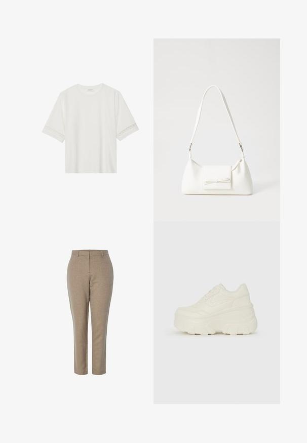 Bílé tričko s krátkým rukávem vyrobené z bavlny, s dekorativní krajkovou aplikací na rukávech a kulatým výstřihem.; Béžové zakázkové kalhoty s texturovaným povrchem, rovné nohavice a středně vysoký pas. Žádné viditelné kapsy ani ozdoby.; Bílé platformové tenisky s hladkým svrškem podobným kůži, zaobleným tvarem, polstrovaným límcem a texturovanou gumovou podrážkou s vyznačenými vzory.; Bílá syntetická kabelka v trojúhelníkovém tvaru, s plochým předním klopným víkem a detailem mašle, nastavitelným popruhem, hladkým povrchem a minimalistickým designem.