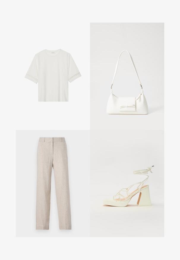Hvid kortærmet t-shirt lavet af bomuld, med dekorativ blondekant langs ærmerne og en rund halsudskæring.; Beige linnedragter med lige ben, høj talje og subtil tekstur. Ingen synlige lommer eller pynt.; Hvide højhælede sandaler med en kraftig hæl, der har et stropdesign og ankelbinding. Glat tekstur med en platform foran for ekstra højde.; Hvid syntetisk håndtaske med en trekantet form, flad forsideklap og sløjfedetalje, justerbar strop, glat tekstur og minimalistisk design.