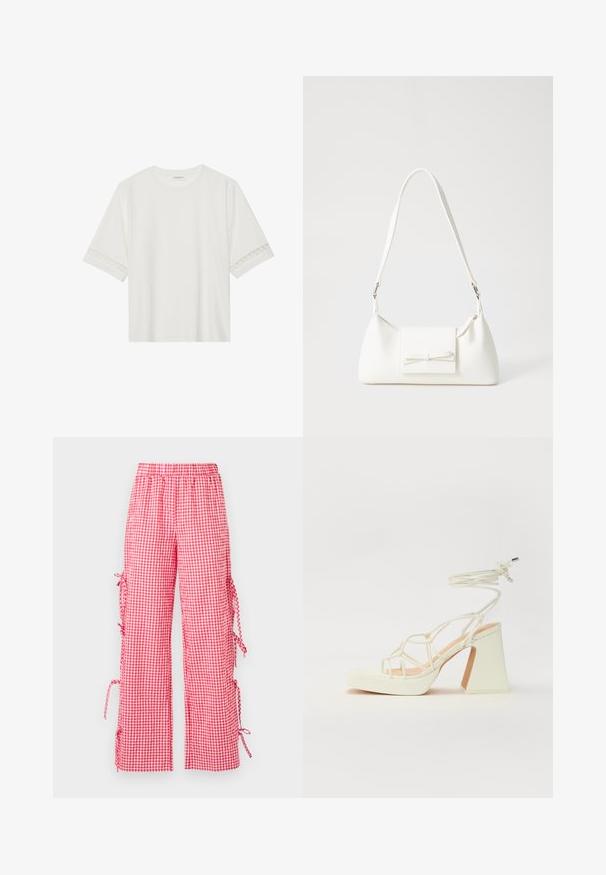 White short-sleeve t-shirt made from cotton, featuring decorative lace trim along the sleeves and a round neckline.; Red and white checked pants with a relaxed fit, featuring an elastic waistband and ties at the side for adjustable lengths.; White high-heeled sandal with a chunky heel, featuring a strappy design and ankle tie. Smooth texture with a platform front for added height.; White synthetic handbag with a triangular shape, flat front flap and bow detail, adjustable strap, smooth texture, and minimalistic design.