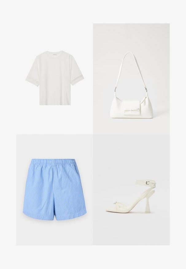 T-shirt bianco a maniche corte in cotone, con bordi in pizzo decorativi lungo le maniche e scollo rotondo.; Pantaloni corti azzurri con strisce verticali bianche, vita elastica, lunghezza a metà coscia e una morbida texture in cotone.; Sandalo con tacco alto e fasce in pelle bianca, dal design elegante, con un tacco a blocco trasparente e un elemento decorativo sulla punta.; Borsa sintetica bianca a forma triangolare, con patta anteriore piatta e dettaglio a fiocco, tracolla regolabile, texture liscia e design minimalista.