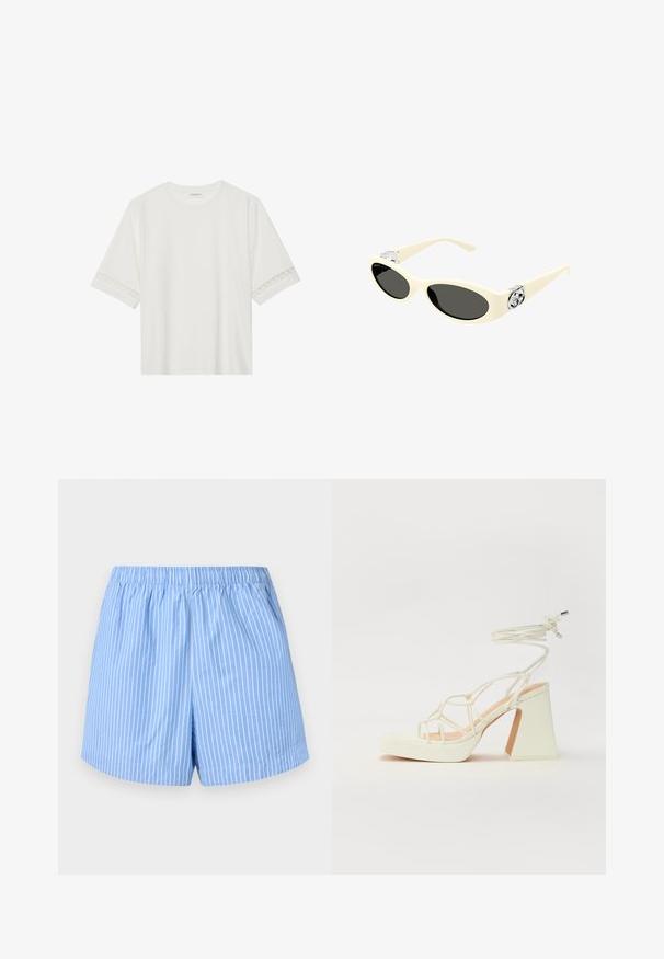 White short-sleeve t-shirt made from cotton, featuring decorative lace trim along the sleeves and a round neckline.; Sky blue shorts with white vertical stripes, elastic waistband, mid-thigh length, and a smooth cotton texture.; White high-heeled sandal with a chunky heel, featuring a strappy design and ankle tie. Smooth texture with a platform front for added height.; Cream-colored sunglasses with oval lenses, black tint, and metallic logo accents at the temples. Smooth texture, cat-eye design.; White shoulder bag with a textured finish, a central buckle accent, and a curved shape. Zipper closures on both sides.