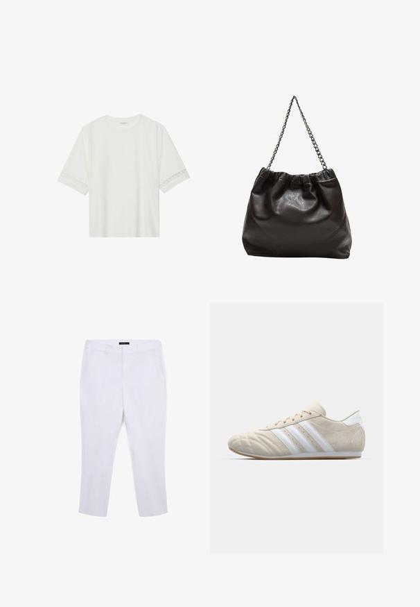 T-shirt bianco a maniche corte in cotone, con bordi in pizzo decorativi lungo le maniche e scollo rotondo.; Pantaloni bianchi su misura con una texture liscia, dotati di due tasche laterali e design dritto. Vita aderente senza dettagli hardware visibili.; Scarpa in suede beige chiaro con punta arrotondata, design a tre strisce bianche e suola in gomma naturale. Presenta cuciture e un profilo basso.; Borsa in pelle marrone con parte superiore arricciata e tracolla a catena. Texture liscia con finitura lucida e dettagli di cucitura sottili sui lati.