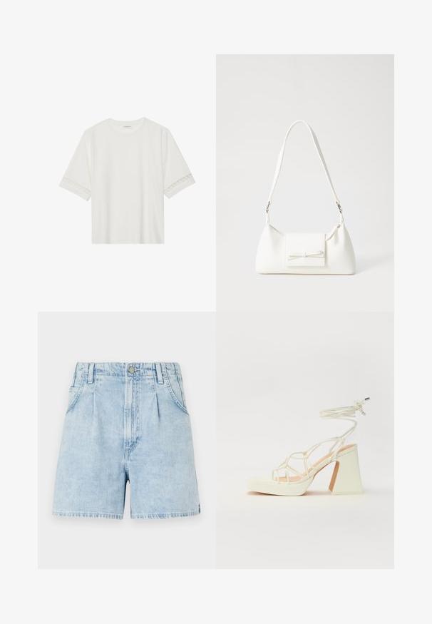 Valkoinen lyhythihainen t-paita, joka on valmistettu puuvillasta ja jossa on koristeellinen pitsireunus hihojen ympärillä sekä pyöreä pääntie.; Vaaleansiniset farkkushortsit, joissa on korkea vyötärö, etupleateilla, kahdella sivutaskulla ja napilla kiinnitys. Pehmeä, teksturoitu kangas.; Valkoinen korkokenkä, jossa on paksu korko, ja joka sisältää nauhakiinnityksen ja nilkkaketjun. Sujuva pinta, jossa on platform-etupohja lisäkorkeutta varten.; Valkoinen synteettinen käsilaukku, jossa on kolmikulmainen muoto, tasainen etu läppä ja nauhadetail, säädettävä olkahihna, sileä rakenne ja minimalinen muotoilu.