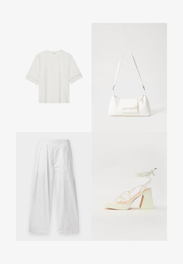 Weißes T-Shirt mit kurzen Ärmeln aus Baumwolle, mit dekorativem Spitzenbesatz entlang der Ärmel und einem runden Ausschnitt.; Weiße, weit geschnittene Hosen aus leichtem Stoff. Sie haben einen lockeren Schnitt, Falten an der Vorderseite und einen elastischen Bund.; Weiße High-Heel-Sandale mit einem klobigen Absatz, die über ein Riemchendesign und ein Knöchelband verfügt. Glatte Textur mit einer Plattform vorne für zusätzliche Höhe.; Weiße synthetische Handtasche in dreieckiger Form, flache Vorderklappe und Schleifendetail, verstellbarer Trageriemen, glatte Textur und minimalistisches Design.