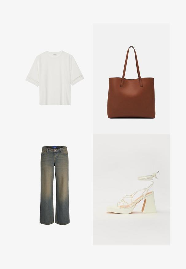 T-shirt branco de manga curta feito de algodão, com bainha de renda decorativa nas mangas e decote redondo.; Jeans de ganga azul de pernas largas com um gradiente de claro para escuro, design de cinco bolsos e fecho em botão. Detalhes cosidos nas bordas.; Sandálias brancas de salto alto com um salto robusto, apresentando um design com tiras e amarração no tornozelo. Textura suave com uma plataforma na frente para altura adicional.; Bolsa tote de couro castanho com uma textura suave, design de abertura superior e duas alças para o ombro. Apresenta costura mínima e sem hardware visível.