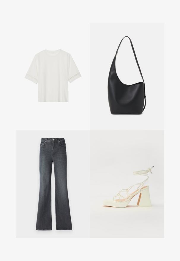 Λευκό κοντομάνικο μπλουζάκι φτιαγμένο από βαμβάκι, με διακοσμητική δαντέλα κατά μήκος των μανικιών και στρογγυλή λαιμόκοψη.; Σκούρες τζιν φούστα με καμπάνα και ψηλή μέση, διαθέτουν μπροστινές τσέπες, κλείσιμο με φερμουάρ και κλασικό σχέδιο πέντε τσεπών.; Λευκό πέδιλο με ψηλό τακούνι και χοντρή φτέρνα, διαθέτει σχέδιο με λουριά και λουράκι στον αστράγαλο. Λείο υλικό με μπροστινό πλατφόρμα για επιπλέον ύψος.; Μαύρη δερμάτινη tote τσάντα με λείο υφή, καμπύλο σχήμα και μία ρυθμιζόμενη ζώνη. Διαθέτει μεγάλη άνοιγμα στην κορυφή.