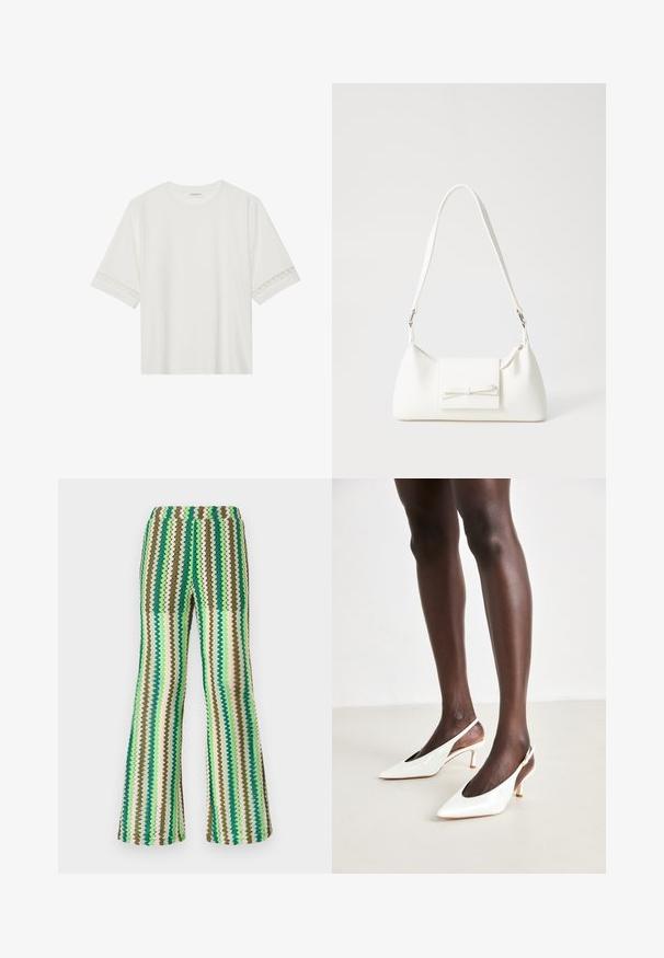Bílé tričko s krátkým rukávem vyrobené z bavlny, s dekorativní krajkovou aplikací na rukávech a kulatým výstřihem.; Pletené kalhoty s rozšířením, zdobené cik-cak vzorem v odstínech zelené, hnědé a krémové; elastický pas; texturovaný povrch.; Bílé lakované lodičky na podpatku s špičatou špičkou, štíhlým podpatkem a otevřenými stranami; hladká textura a minimalistický design.; Bílá syntetická kabelka v trojúhelníkovém tvaru, s plochým předním klopným víkem a detailem mašle, nastavitelným popruhem, hladkým povrchem a minimalistickým designem.