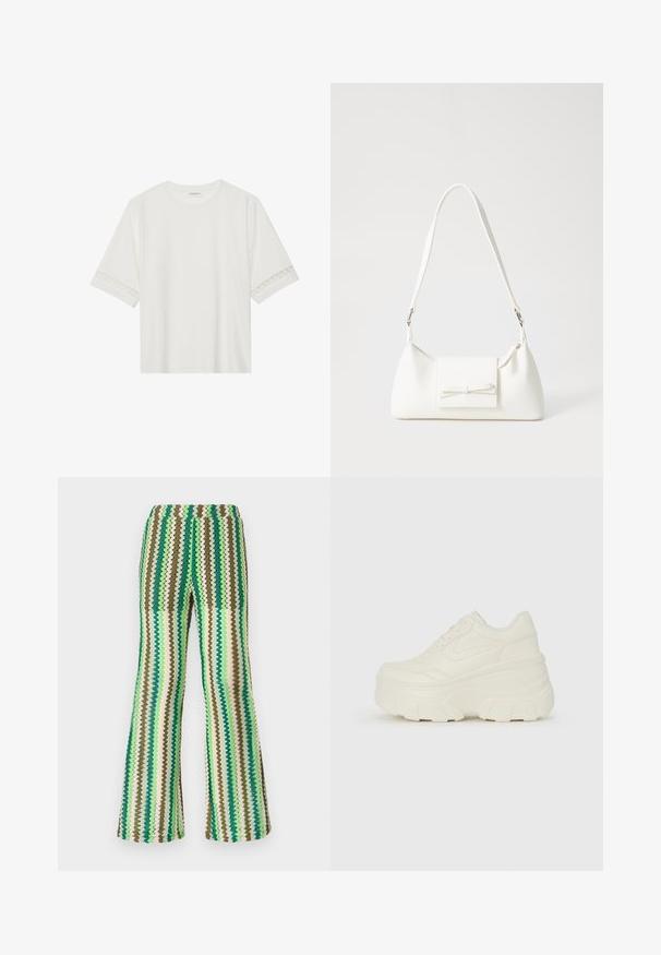 Balta trumpomis rankovėmis marškinėliai, pagaminti iš medvilnės, su dekoratyviais nėriniais aplink rankoves ir apvaliu kaklu.; Megzto flared kelnės, puoštos zigzagų raštu žalios, rudos ir kreminės spalvų atspalviais; elastinga juosmens juosta; tekstūruotas paviršius.; Baltos platformos sportbačiai su lygiu odos primenančiu paviršiumi, apvalia forma, paminkštintu apykakle ir tekstūruotu guminiu padu su ryškiais protektoriais.; Balta sintetinė rankinė trikampio formos, plokščiu priekiu su užsegimu, kaspino detale, reguliuojama dirželiu, lygia tekstūra ir minimalistišku dizainu.